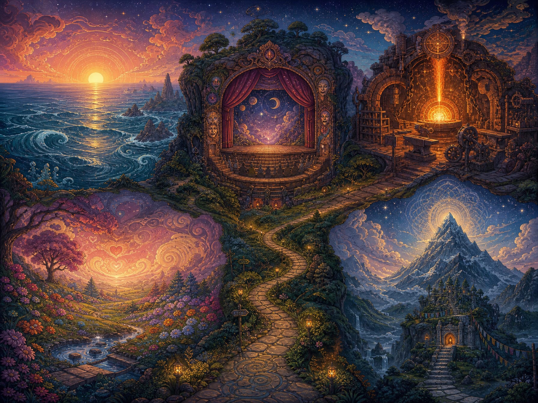 A fantastical map containing an ocean, theatre, forge, flowering field, winding path, and mountain.